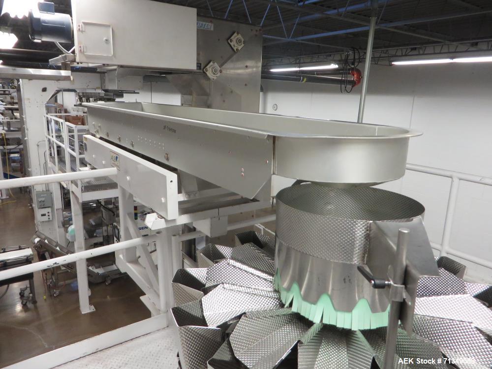 Used Bosch Model SVE2510 Vertical form fill and seal packaging system with Allen-Bradley Control Logix 5555 controls, 14 head Yamato model ADW 414SD dimpled/embossed bucket scale on mild steel platfo...