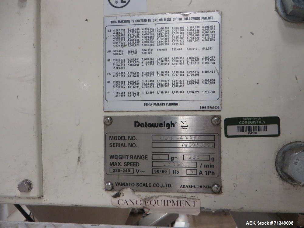Used Bosch Model SVE2510 Vertical form fill and seal packaging system with Allen-Bradley Control Logix 5555 controls, 14 head Yamato model ADW 414SD dimpled/embossed bucket scale on mild steel platfo...