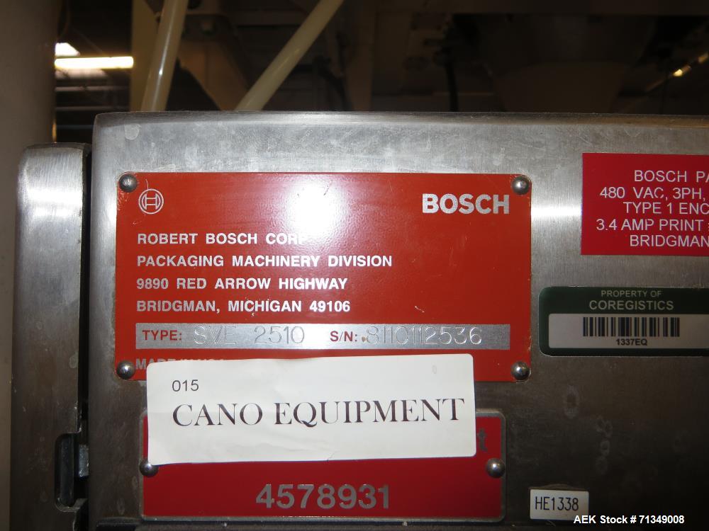 Used Bosch Model SVE2510 Vertical form fill and seal packaging system with Allen-Bradley Control Logix 5555 controls, 14 head Yamato model ADW 414SD dimpled/embossed bucket scale on mild steel platfo...