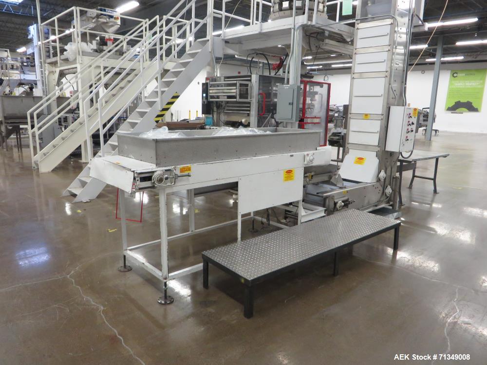 Used Bosch Model SVE2510 Vertical form fill and seal packaging system with Allen-Bradley Control Logix 5555 controls, 14 head Yamato model ADW 414SD dimpled/embossed bucket scale on mild steel platfo...