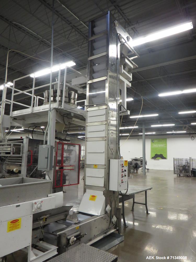 Used Bosch Model SVE2510 Vertical form fill and seal packaging system with Allen-Bradley Control Logix 5555 controls, 14 head Yamato model ADW 414SD dimpled/embossed bucket scale on mild steel platfo...