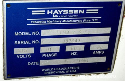 Used Hayssen Ultima CMB/SF Vertical Form Fill and Seal Bagger capable of speeds up to 110 bags per minute. Bag size range: (Width) 4" to 12" (Length) 4" to 23" Can do a 32"L bag with a double pull. C...