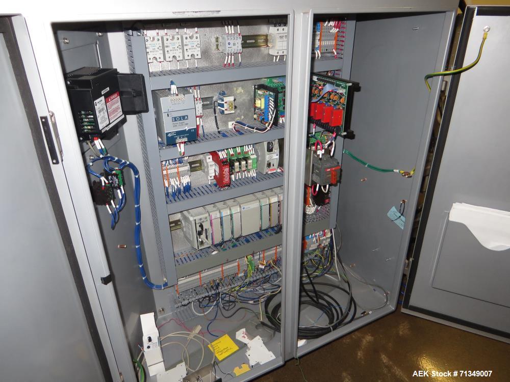 Used Hayssen Model 300E Vertical form fill and seal packaging system. Complete line includes with Ishida 16 head dimpled/embossed bucket scale  , Allen-Bradley Compact Logix L31 controls,  mild steel...