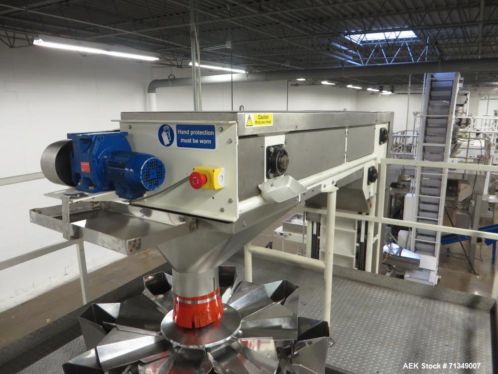 Used Hayssen Model 300E Vertical form fill and seal packaging system. Complete line includes with Ishida 16 head dimpled/embossed bucket scale  , Allen-Bradley Compact Logix L31 controls,  mild steel...
