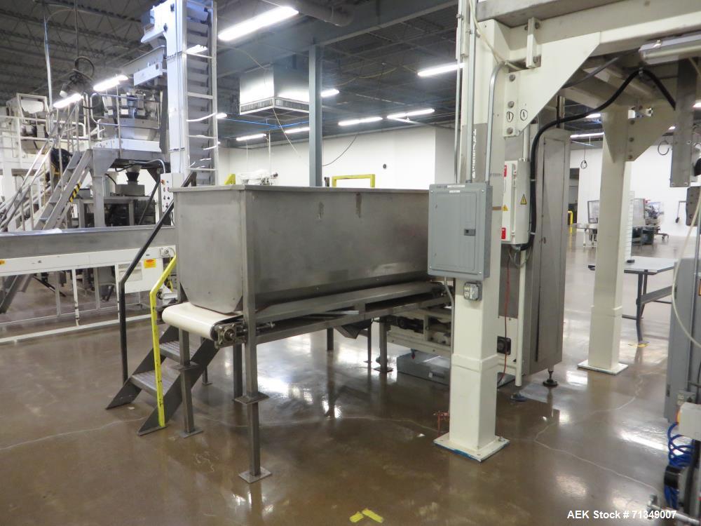 Used Hayssen Model 300E Vertical form fill and seal packaging system. Complete line includes with Ishida 16 head dimpled/embossed bucket scale  , Allen-Bradley Compact Logix L31 controls,  mild steel...