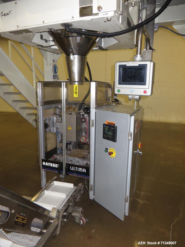 Used Hayssen Model 300E Vertical form fill and seal packaging system. Complete line includes with Ishida 16 head dimpled/embossed bucket scale  , Allen-Bradley Compact Logix L31 controls,  mild steel...