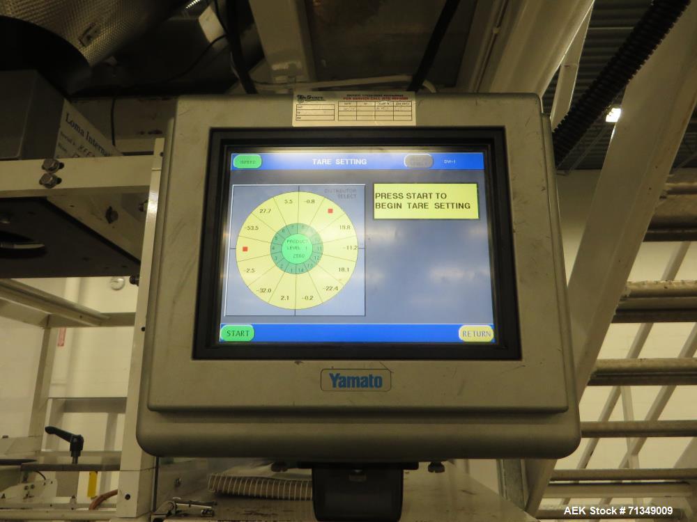 Used Hayssen Ultima Ultra 13-19HR Vertical form fill and seal packaging system. Complete line includes with Ishida 14 head  dimpled/embossed bucket scale and mild steel platform, Allen Bradley SLC 5/...