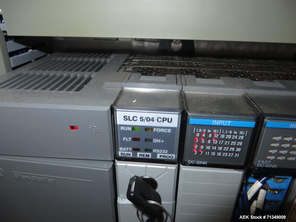 Used Hayssen Ultima Ultra 13-19HR Vertical form fill and seal packaging system. Complete line includes with Ishida 14 head  dimpled/embossed bucket scale and mild steel platform, Allen Bradley SLC 5/...