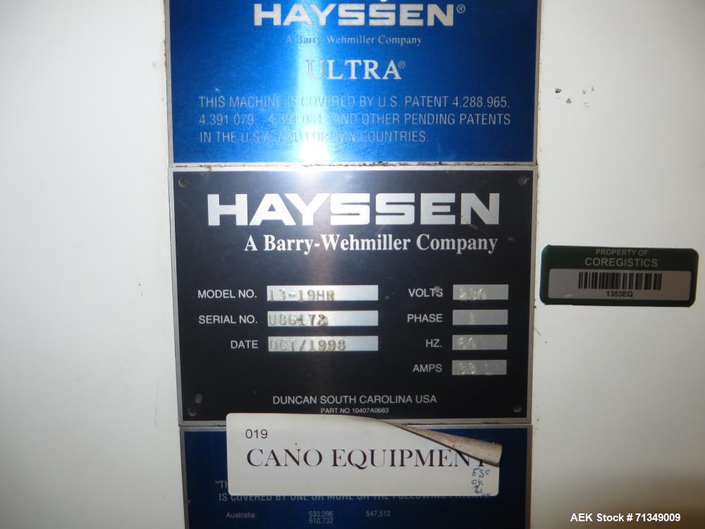 Used Hayssen Ultima Ultra 13-19HR Vertical form fill and seal packaging system. Complete line includes with Ishida 14 head  dimpled/embossed bucket scale and mild steel platform, Allen Bradley SLC 5/...