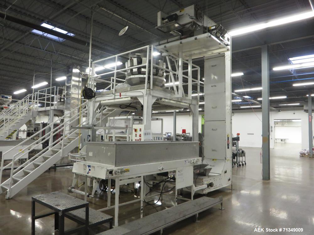 Used Hayssen Ultima Ultra 13-19HR Vertical form fill and seal packaging system. Complete line includes with Ishida 14 head  dimpled/embossed bucket scale and mild steel platform, Allen Bradley SLC 5/...
