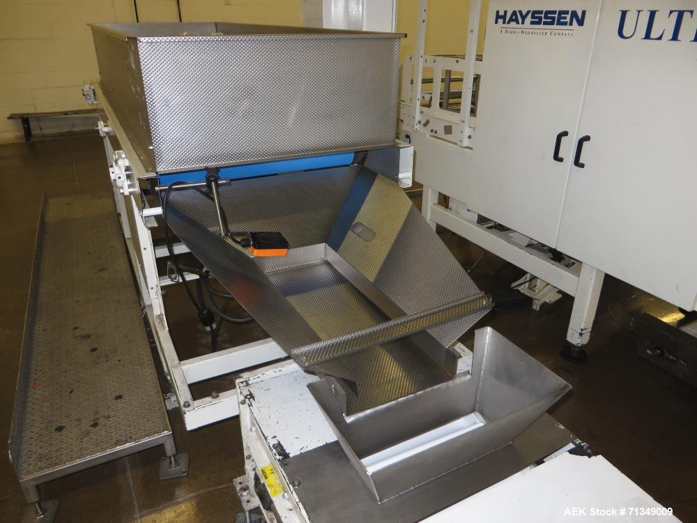 Used Hayssen Ultima Ultra 13-19HR Vertical form fill and seal packaging system. Complete line includes with Ishida 14 head  dimpled/embossed bucket scale and mild steel platform, Allen Bradley SLC 5/...