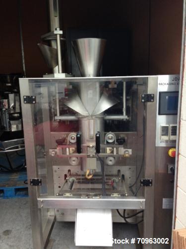 Used JDA Packaging Equipment Vertical Form, Fill and Seal Machine, Model 2100.  Seal up to 18" vertical and up to 22" roll of film.  Speeds 50-60 per minute.  Mounted on a stainless steel frame on ca...