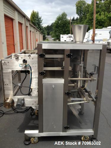 Used JDA Packaging Equipment Vertical Form, Fill and Seal Machine, Model 2100.  Seal up to 18" vertical and up to 22" roll of film.  Speeds 50-60 per minute.  Mounted on a stainless steel frame on ca...