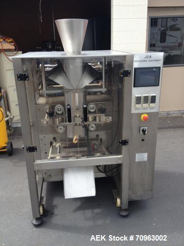 Used JDA Packaging Equipment Vertical Form, Fill and Seal Machine, Model 2100.  Seal up to 18" vertical and up to 22" roll of film.  Speeds 50-60 per minute.  Mounted on a stainless steel frame on ca...