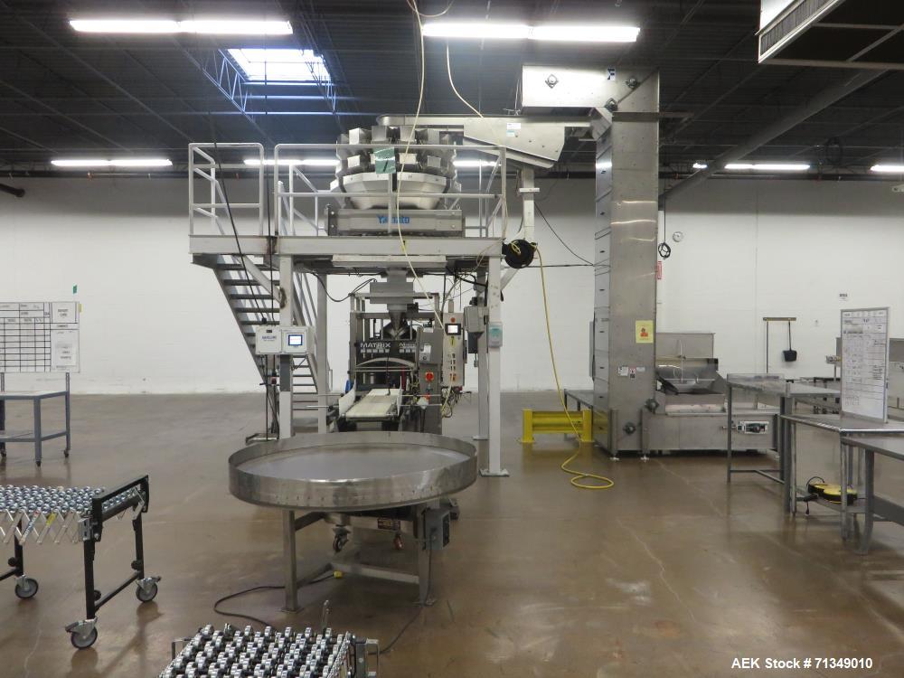 Used Matrix Packaging  Model  201318R  Vertical form fill and seal packaging system. Complete line includes Yamato Adw-714sv scale  dimpled/embossed bucket scale and  Allen-Bradley Micrologix 1500 an...