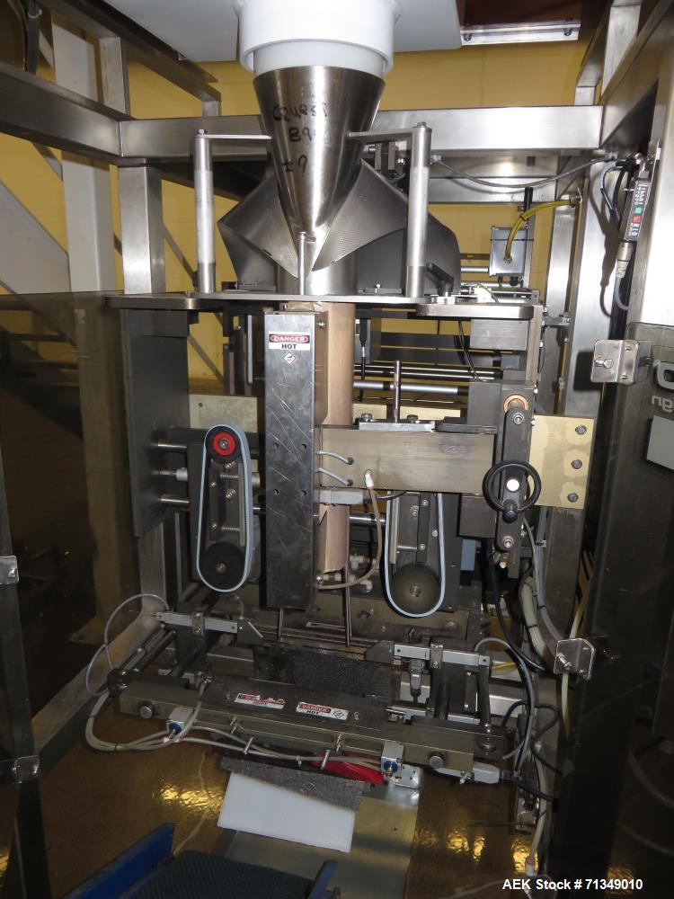 Used Matrix Packaging  Model  201318R  Vertical form fill and seal packaging system. Complete line includes Yamato Adw-714sv scale  dimpled/embossed bucket scale and  Allen-Bradley Micrologix 1500 an...