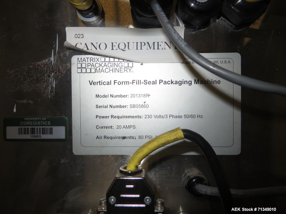 Used Matrix Packaging  Model  201318R  Vertical form fill and seal packaging system. Complete line includes Yamato Adw-714sv scale  dimpled/embossed bucket scale and  Allen-Bradley Micrologix 1500 an...