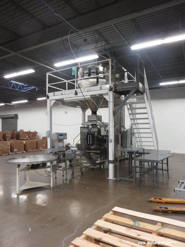Used Matrix Packaging  Model  Elete DS13  Vertical form fill and seal packaging system. Complete line includes Yamato Adw-714sv  scale  dimpled/embossed bucket scale and Allen-Bradley Micrologix 1500...