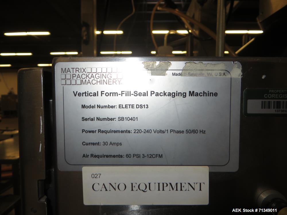 Used Matrix Packaging  Model  Elete DS13  Vertical form fill and seal packaging system. Complete line includes Yamato Adw-714sv  scale  dimpled/embossed bucket scale and Allen-Bradley Micrologix 1500...