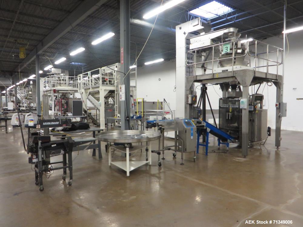 Used Matrix Mercury Model  2840R Vertical form fill and seal packaging system. Complete line includes with Yamato Zigma Series 10 head  dimpled/embossed bucket scale , Has mild steel platform, hot st...