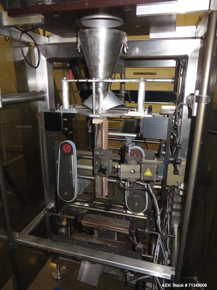 Used Matrix Mercury Model  2840R Vertical form fill and seal packaging system. Complete line includes with Yamato Zigma Series 10 head  dimpled/embossed bucket scale , Has mild steel platform, hot st...
