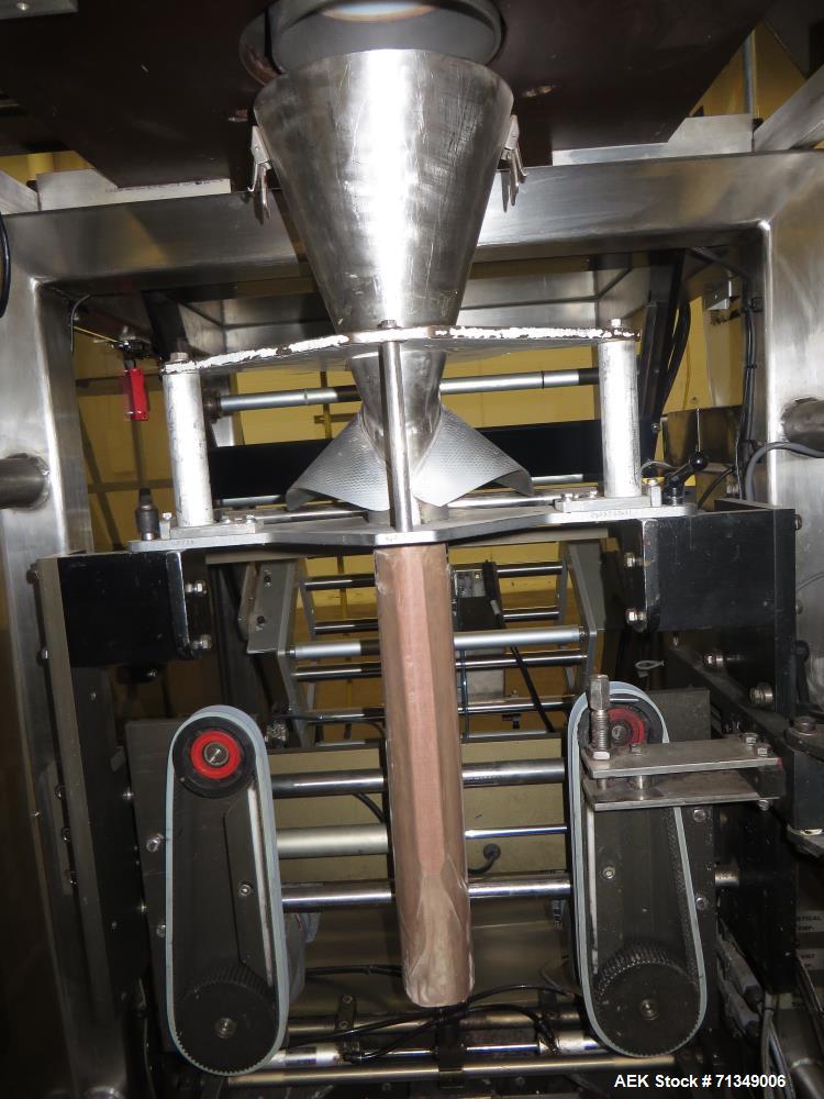 Used Matrix Mercury Model  2840R Vertical form fill and seal packaging system. Complete line includes with Yamato Zigma Series 10 head  dimpled/embossed bucket scale , Has mild steel platform, hot st...