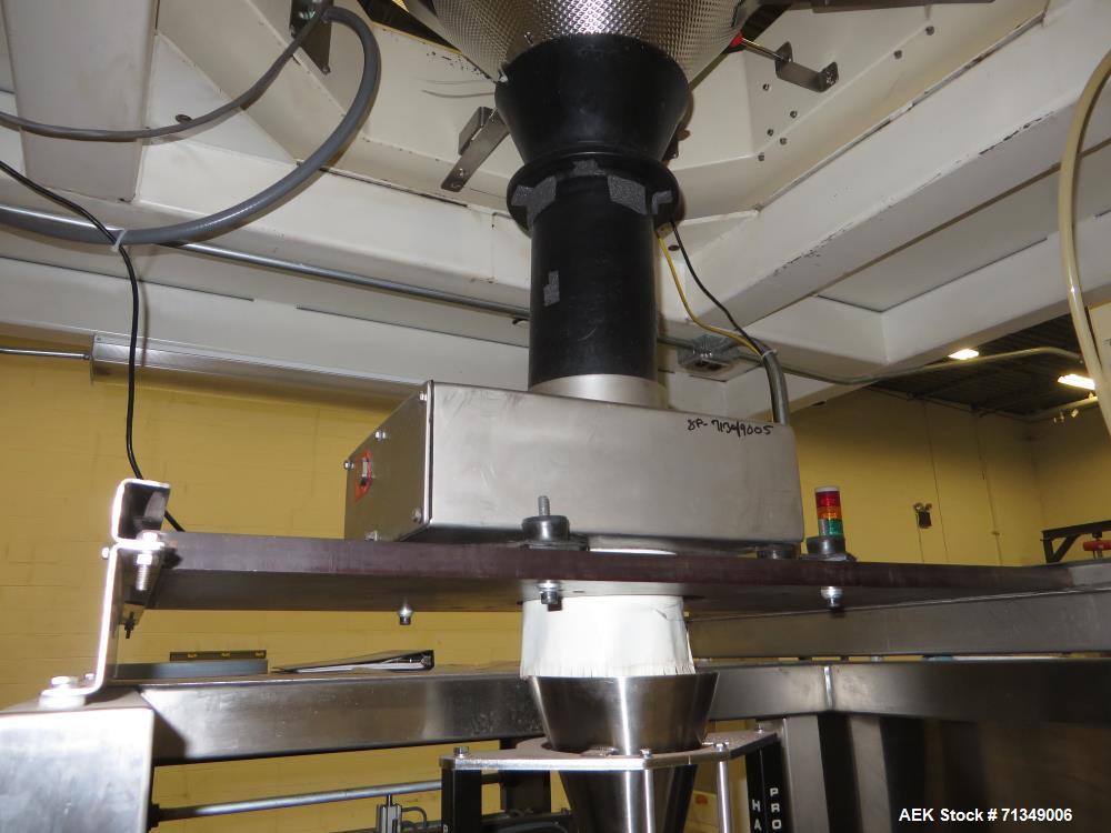 Used Matrix Mercury Model  2840R Vertical form fill and seal packaging system. Complete line includes with Yamato Zigma Series 10 head  dimpled/embossed bucket scale , Has mild steel platform, hot st...