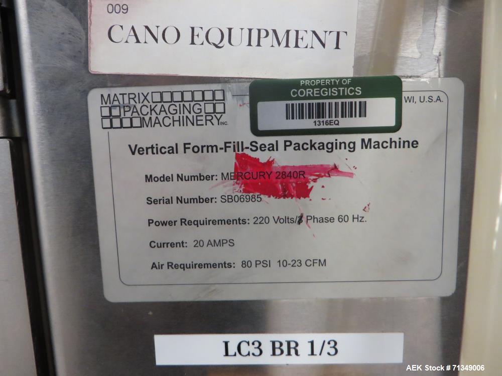 Used Matrix Mercury Model  2840R Vertical form fill and seal packaging system. Complete line includes with Yamato Zigma Series 10 head  dimpled/embossed bucket scale , Has mild steel platform, hot st...