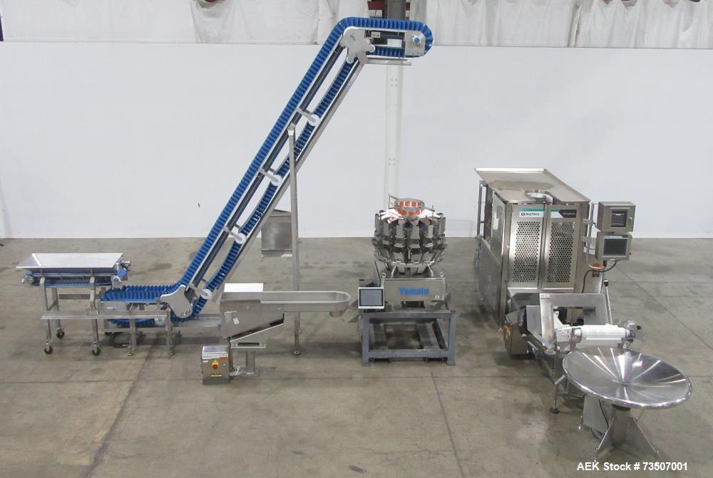 Matrix Packaging Morpheus MVC-300 Continuous Motion Washdown Bagger with Yamato 14-Head Dimpled Bucket Scale, Infeed & Turntable
