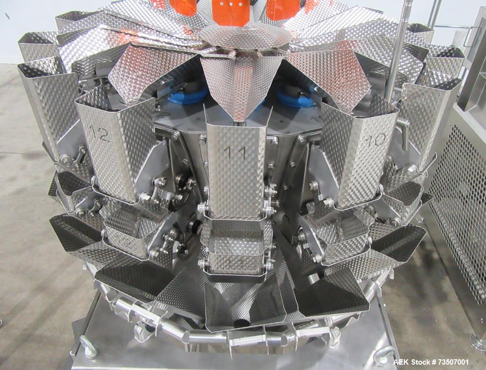 Matrix Packaging Morpheus MVC-300 Continuous Motion Washdown Bagger with Yamato 14-Head Dimpled Bucket Scale, Infeed & Turntable