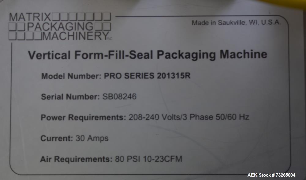 Buy a used Matrix Pro Series 20135R vertical form fill seal machine. High-speed packaging for dry goods. Includes scale. Contact us today!