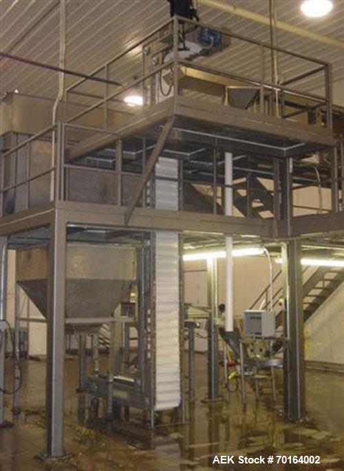 Used Matrix Pro Model 2011318WP Vertical Form Fill Seal Machine capable of speeds up to 120 bags per minute. Washdown system complete with Yamato 514SW dimpled bucket scale, Deamco bucket elevator, M...