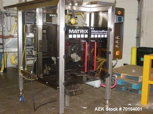 Used Matrix Pro Model 201823WP Vertical Form Fill Seal Machine capable of speeds up to 120 bags per minute. Max Bag Size: 18" wide x 23" long. Washdown with Vibrato ERIEZ serial number 176282-2 vibra...