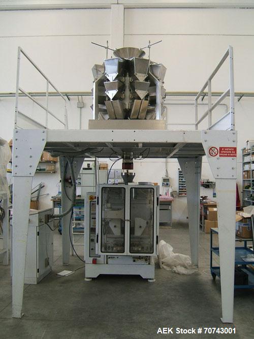 Used Simionato Packaging Line comprisin of one multihead weigher,  one platform, one VFFS machine.  Including one forming tube for pillow bags with 4.72" (120 mm) width or block bottom 2.95" x 1.58" ...