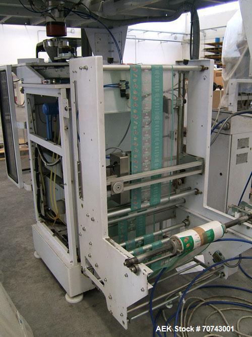 Used Simionato Packaging Line comprisin of one multihead weigher,  one platform, one VFFS machine.  Including one forming tube for pillow bags with 4.72" (120 mm) width or block bottom 2.95" x 1.58" ...