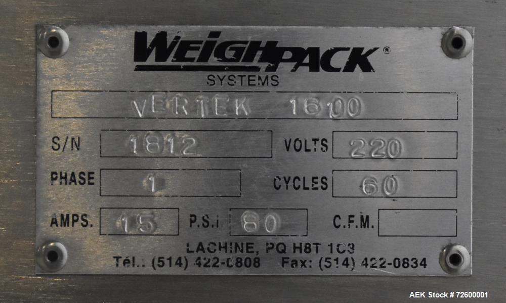 Used- Weighpack Model Vertek 1600 Vertical Form Fill & Seal Packaging Machine