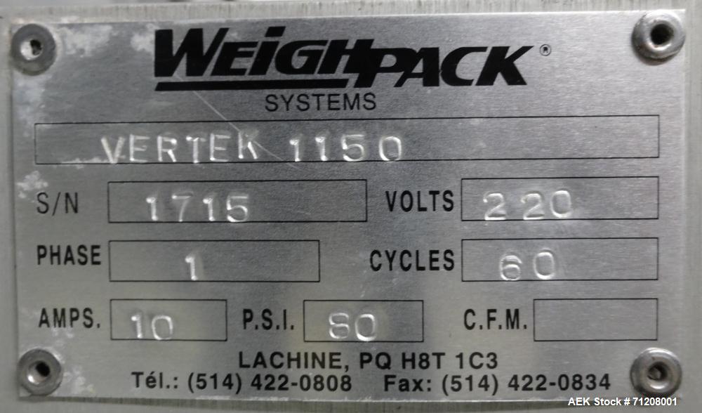Used Weighpack Model Vertek 1150 Form, Fill & Seal Packaging Machine