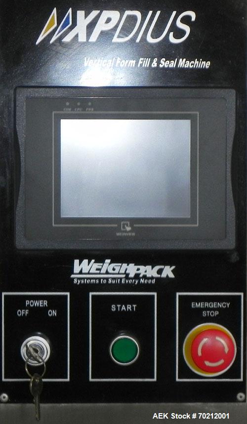 Used Weighpack Systems XPDIUS XP1200 Vertical Form Fill and Seal Machine. All Stainless Steel construction. Intermittent motion system is capable of speeds up to 90 bags per minute. Bag size range: w...