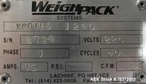 Used Weighpack Systems XPDIUS XP1200 Vertical Form Fill and Seal Machine. All Stainless Steel construction. Intermittent motion system is capable of speeds up to 90 bags per minute. Bag size range: w...