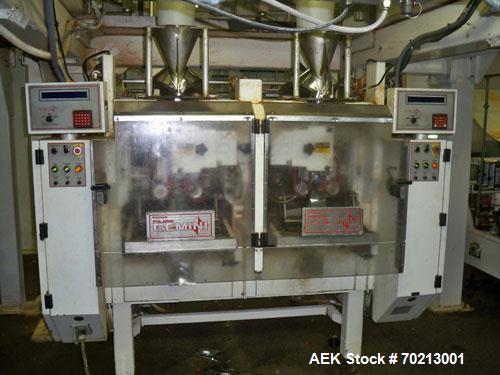 Used Woodman Gemini Twin Tube Vertical Form Fill Seal Machine. Has a bag size range: 2.5" to 9" wide or 63.5mm to 229mm, length 3" to 22" or 76mm to 559mm. Includes Woodman Commander 16 head scale (*...