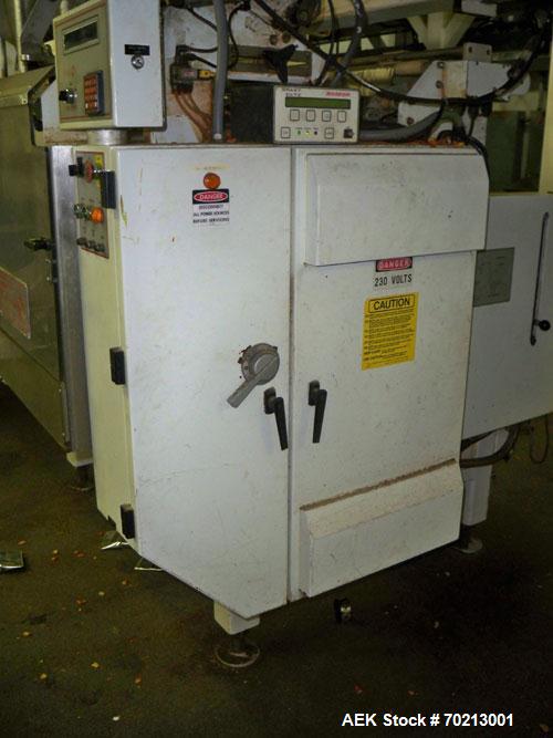 Used Woodman Gemini Twin Tube Vertical Form Fill Seal Machine. Has a bag size range: 2.5" to 9" wide or 63.5mm to 229mm, length 3" to 22" or 76mm to 559mm. Includes Woodman Commander 16 head scale (*...