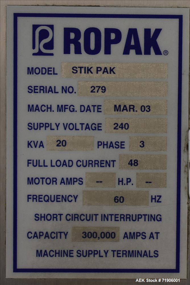 Used- Ropak Model Stikpak, 5 Lane Vertical Stickpack Form Fill Seal Machine.