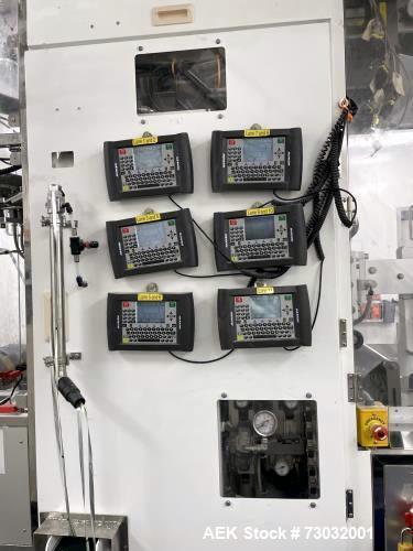 Used Sanko Model FC-1000 Stick Pack Vertical Form Fill Seal machine with Volumetric Feeder. Capable of speeds from 20 - 100 Cycles per minute per lane. Currently set up with 11 lanes on 23mm stick pa...