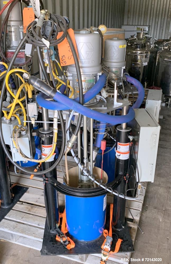 Used Graco Thermo-O-Flow 20 Air-Powered Ram Heated Pail Unloader. 5 Gallon (20 liter) pail size. Approximate 3" (76mm) diameter dual post ram. Approximate maximum melt rate 0.6 kg/min (1.3lb/min), ma...
