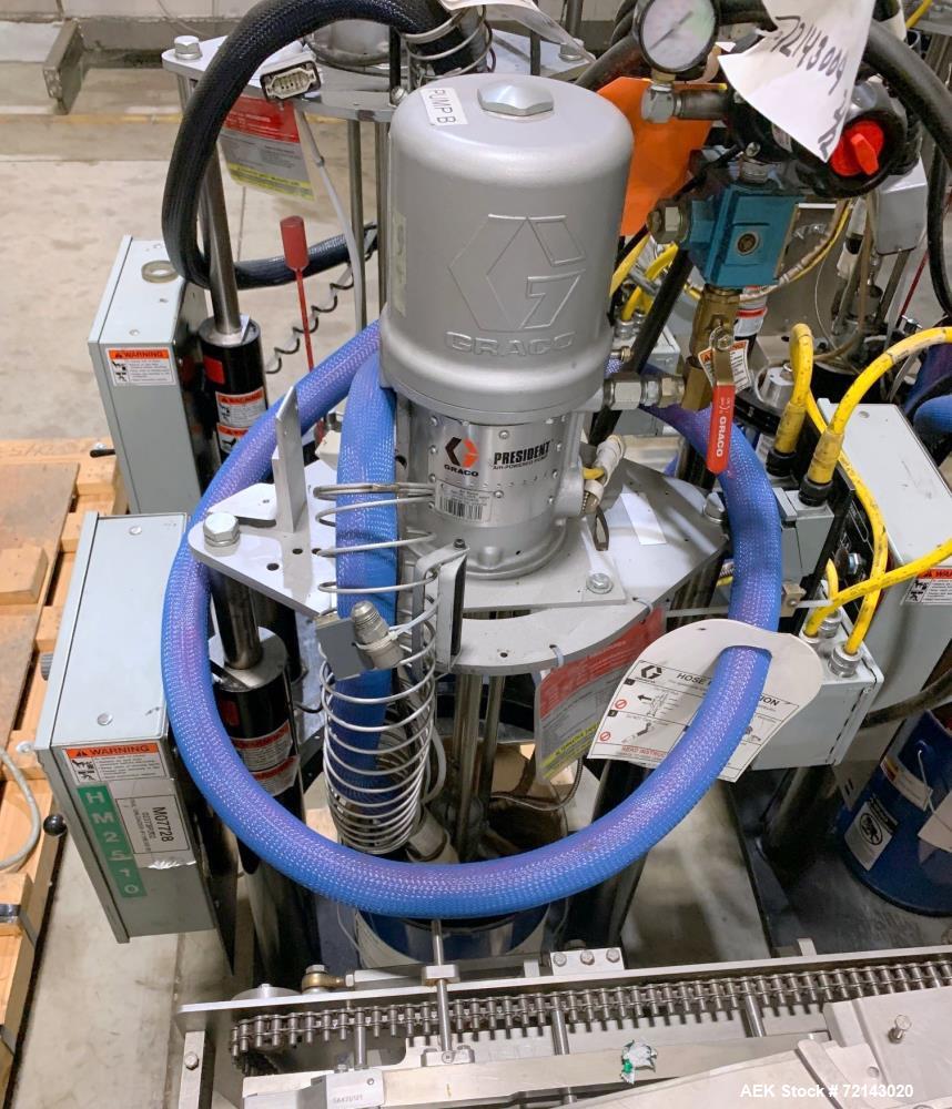 Used Graco Thermo-O-Flow 20 Air-Powered Ram Heated Pail Unloader. 5 Gallon (20 liter) pail size. Approximate 3" (76mm) diameter dual post ram. Approximate maximum melt rate 0.6 kg/min (1.3lb/min), ma...