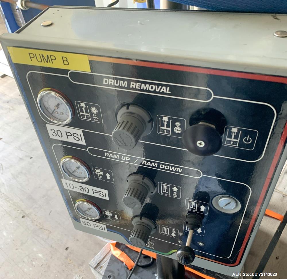 Used Graco Thermo-O-Flow 20 Air-Powered Ram Heated Pail Unloader. 5 Gallon (20 liter) pail size. Approximate 3" (76mm) diameter dual post ram. Approximate maximum melt rate 0.6 kg/min (1.3lb/min), ma...