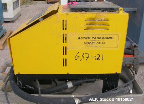 Used Astro Packaging hot melt adhesive unit, model D2-15. Approximate capacity 15 pounds of adhesive. Heating time 30-45 minutes, melt rate 15 pounds an hour. 1/50/60/120 volt, 20 amp. Includes dispe...