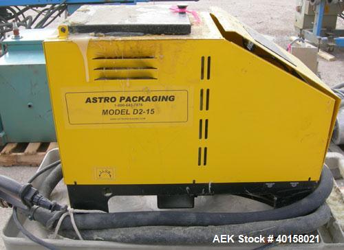 Used Astro Packaging hot melt adhesive unit, model D2-15. Approximate capacity 15 pounds of adhesive. Heating time 30-45 minutes, melt rate 15 pounds an hour. 1/50/60/120 volt, 20 amp. Includes dispe...