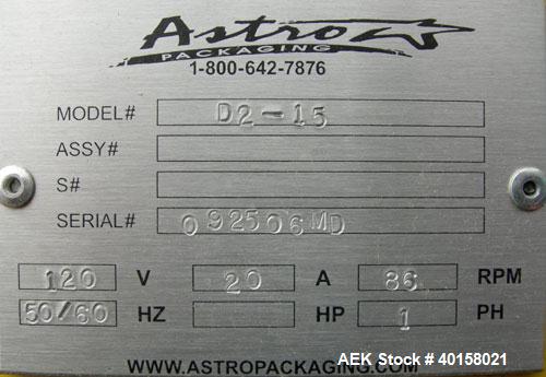 Used Astro Packaging hot melt adhesive unit, model D2-15. Approximate capacity 15 pounds of adhesive. Heating time 30-45 minutes, melt rate 15 pounds an hour. 1/50/60/120 volt, 20 amp. Includes dispe...