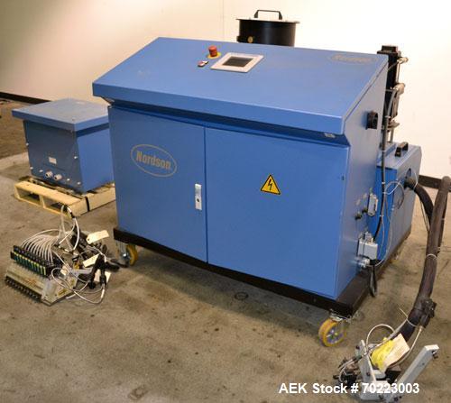 Used Nordson Hot Melt Glue & Adhesive Melting System, Model EX20-1xPS01-1xPE20-1. Melt rates from 3 - 2500 KG/Hr or 7 - 5512 lbs/hr). Operating temperature: 20 - 300 degrees celcius or 68 to 572 degr...